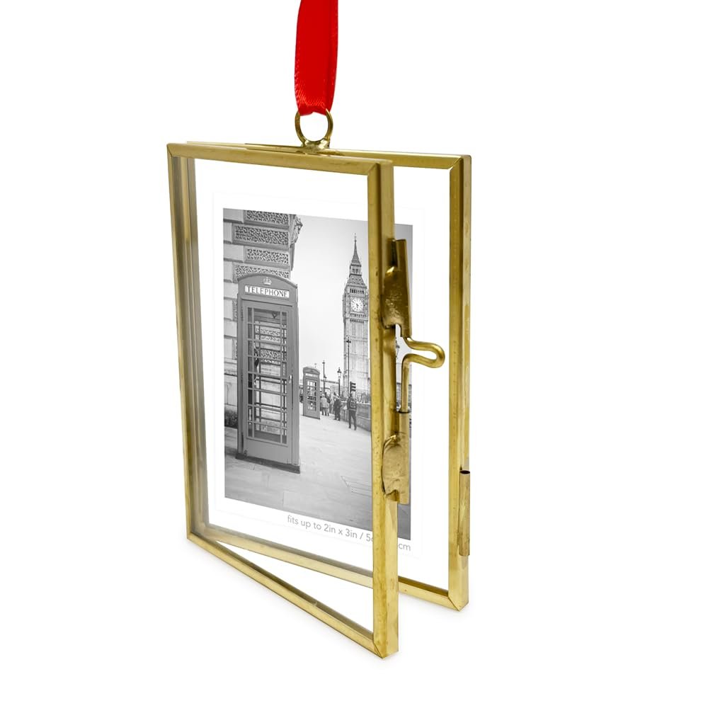 Isaac Jacobs (2"x3" Vintage Style Brass and Glass Ornament Frame with Locket Closure (Vertical) (Antique Gold), Metal Floating Frame, Made for Hanging