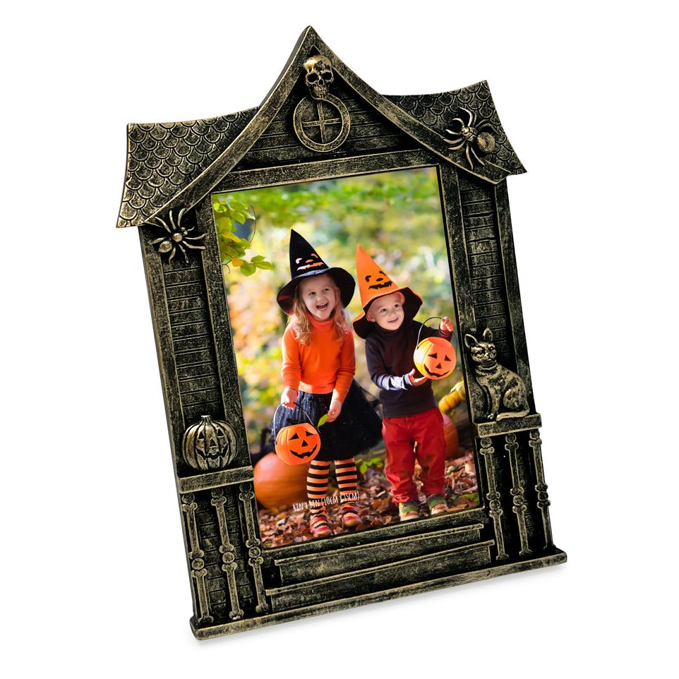 Isaac Jacobs 4x6 Haunted-House Shaped Picture Frame, Photo Tabletop & Wall Display Hanging Display & Home Décor_#color_black_with_gold_4x6