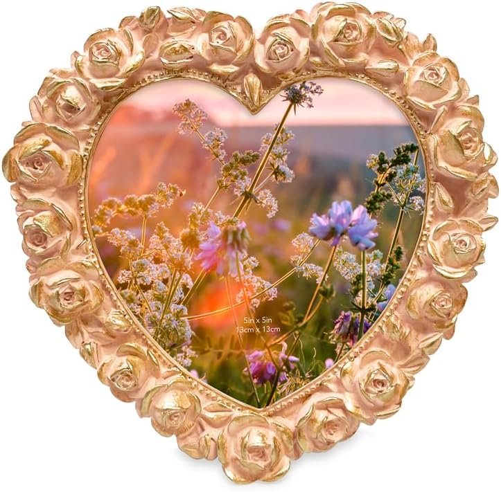 Isaac Jacobs 5x5 Heart Shaped Rose Border Resin Frame, Photo Tabletop &amp; Wall Display Hanging Display &amp; Home Décor_