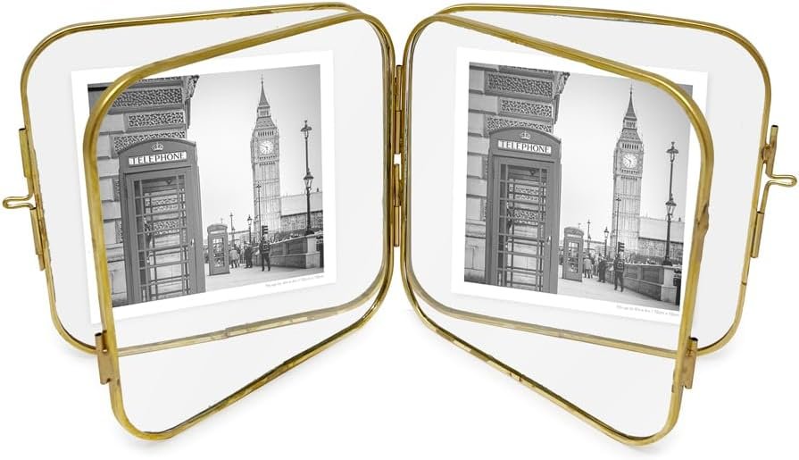 Isaac Jacobs Vintage Style, Double-Sided Round-Edged Brass &amp; Glass Metal Floating Picture Frame with Locket Closure (Vertical), Made for Tabletop Display_
