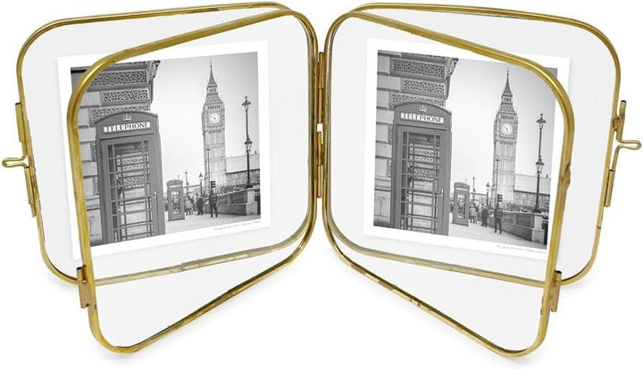 Isaac Jacobs Vintage Style, Double-Sided Round-Edged Brass &amp; Glass Metal Floating Picture Frame with Locket Closure (Vertical), Made for Tabletop Display_