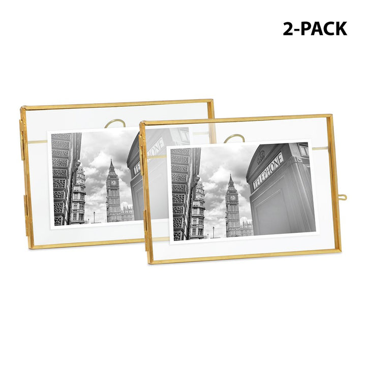 Isaac Jacobs (2-Pack) Vintage Style Brass and Glass, Metal Floating Picture Frame with Locket Closure, for Photos, Art, &amp; More, Tabletop Display
