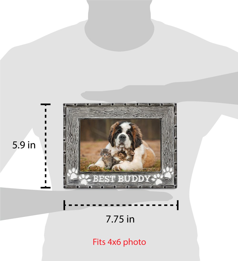 Isaac Jacobs 4" x 6" Resin Sentiments Dog Best Buddy Picture Frame, Horizontal Keepsake Photo Frame with Easel and Hanging Tabs for Tabletop, Desktop &amp; Wall Display