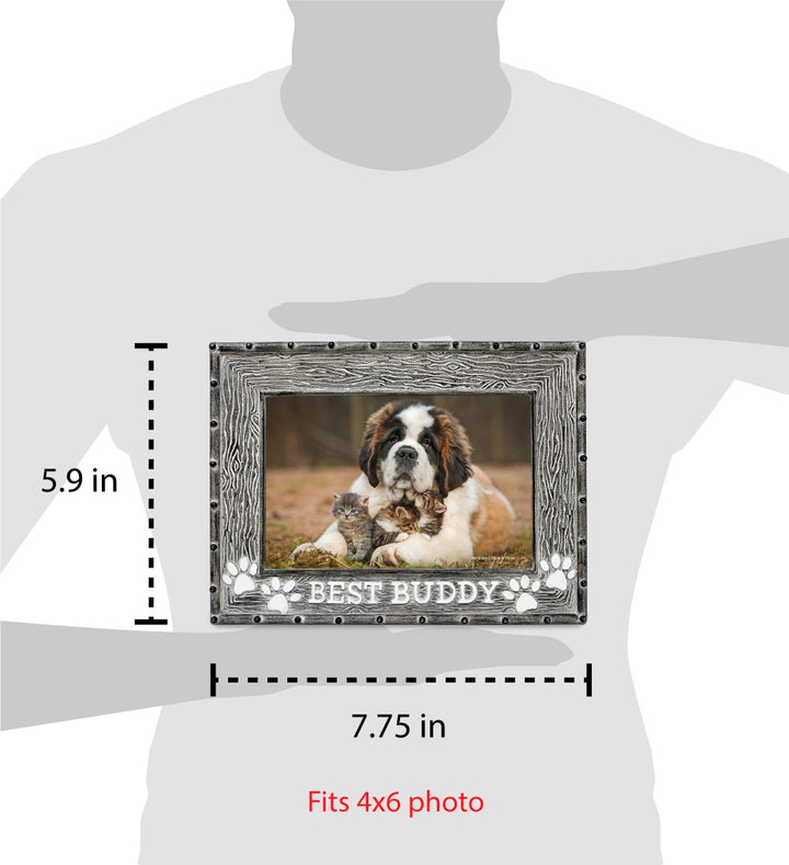 Isaac Jacobs 4" x 6" Resin Sentiments Dog Best Buddy Picture Frame, Horizontal Keepsake Photo Frame with Easel and Hanging Tabs for Tabletop, Desktop &amp; Wall Display