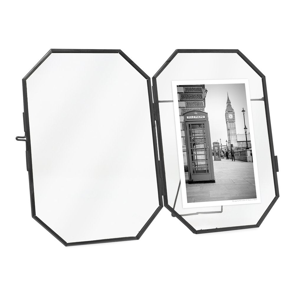 Isaac Jacobs Vintage Style Octagon Brass &amp; Glass, Metal Floating Picture Frame with Locket Closure, Tabletop Display