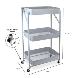 Isaac Jacobs 3-Tier Rolling Cart, Foldable Mobile Storage Organizer with Caster Wheels, Lightweight Multi-Purpose Metal Utility Cart for Office, Kitchen, Bathroom, Bedroom