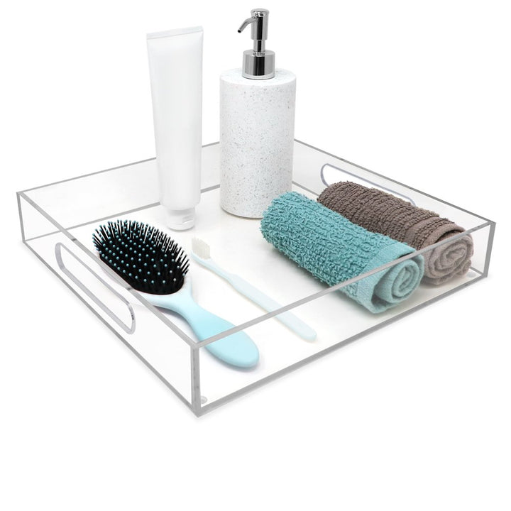 Isaac Jacobs Clear Acrylic Serving Tray with Cutout Handles, Spill-Proof, Stackable Organizer, Space-Saver, Food &amp; Drinks Server, Indoors/Outdoors, Lucite Storage Décor &amp; More