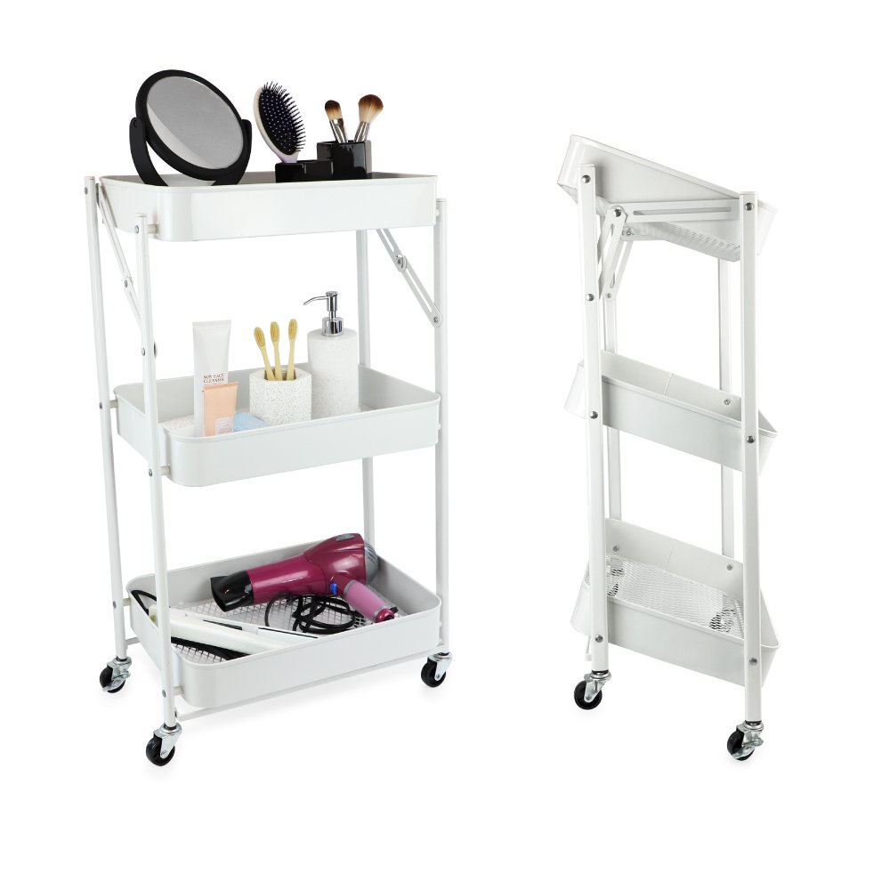 Isaac Jacobs 3-Tier Rolling Cart, Foldable Mobile Storage Organizer with Caster Wheels, Lightweight Multi-Purpose Metal Utility Cart for Office, Kitchen, Bathroom, Bedroom