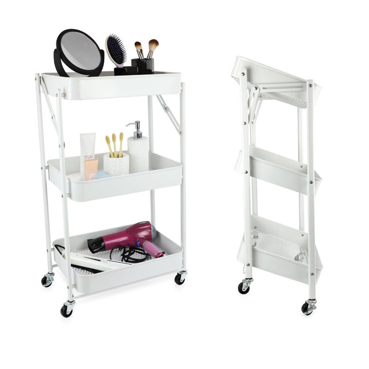 Isaac Jacobs 3-Tier Rolling Cart, Foldable Mobile Storage Organizer with Caster Wheels, Lightweight Multi-Purpose Metal Utility Cart for Office, Kitchen, Bathroom, Bedroom