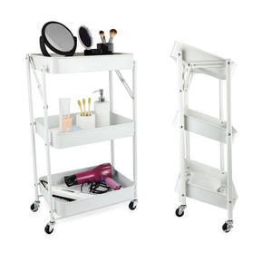 Isaac Jacobs 3-Tier Rolling Cart, Foldable Mobile Storage Organizer with Caster Wheels, Lightweight Multi-Purpose Metal Utility Cart for Office, Kitchen, Bathroom, Bedroom