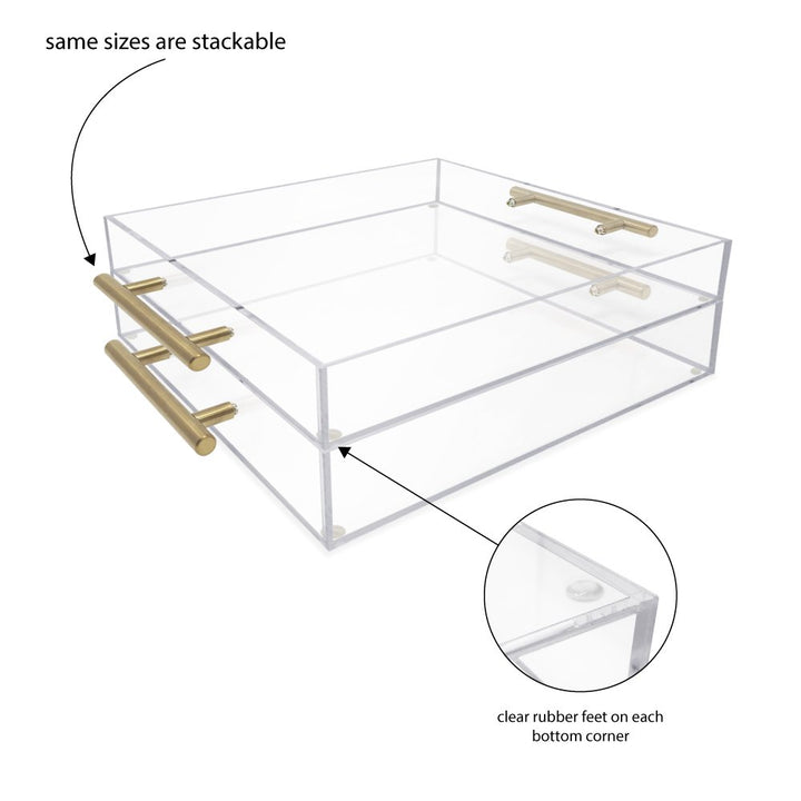 Isaac Jacobs Clear Acrylic Serving Tray with Metal Handles, Spill-Proof, Stackable Organizer, Space-Saver, Food &amp; Drinks Server, Indoors/Outdoors, Lucite Storage Décor &amp; More