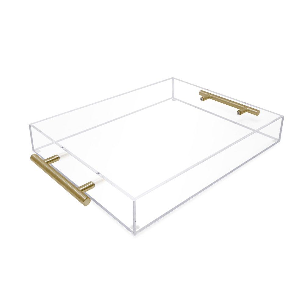Isaac Jacobs Clear Acrylic Serving Tray with Metal Handles, Spill-Proof, Stackable Organizer, Space-Saver, Food &amp; Drinks Server, Indoors/Outdoors, Lucite Storage Décor &amp; More