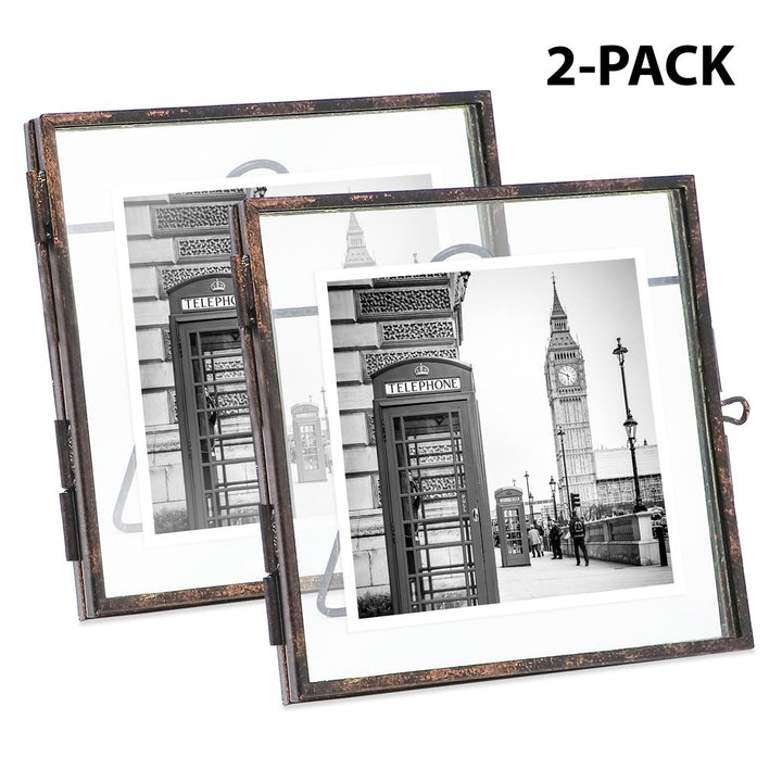 Isaac Jacobs (2-Pack) Vintage Style Brass and Glass, Metal Floating Picture Frame with Locket Closure, for Photos, Art, &amp; More, Tabletop Display
