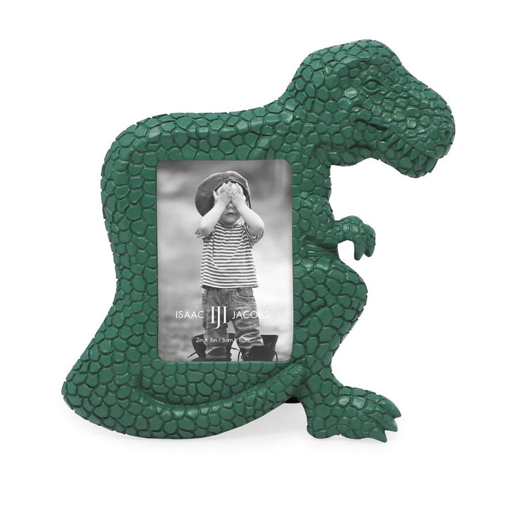 Isaac Jacobs 2” x 3" Resin Dinosaur Picture Frame, Vertical Keepsake Photo Frame with Easel and Hanging Tabs for Tabletop, Desktop &amp; Wall Display