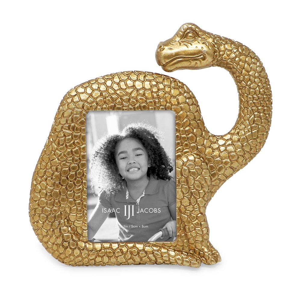 Isaac Jacobs 2” x 3" Resin Dinosaur Picture Frame, Vertical Keepsake Photo Frame with Easel and Hanging Tabs for Tabletop, Desktop &amp; Wall Display