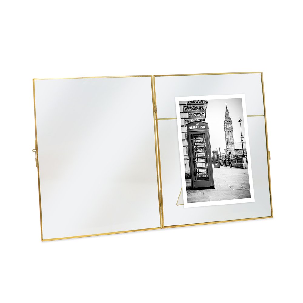 Isaac Jacobs Vintage Style Brass and Glass, Metal Floating Picture Frame with Locket Closure, for Photos, Art, &amp; More, Tabletop Display