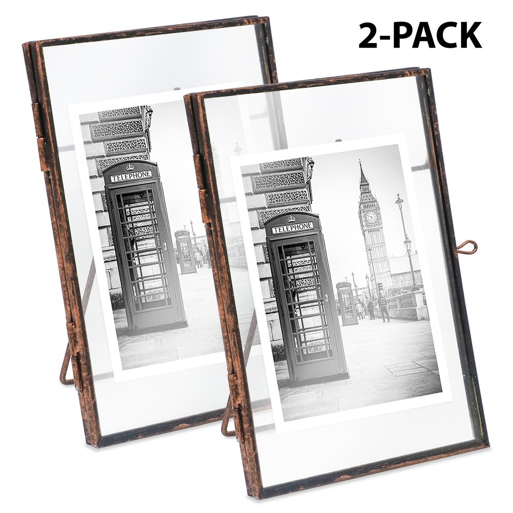 Isaac Jacobs (2-Pack) Vintage Style Brass and Glass, Metal Floating Picture Frame with Locket Closure, for Photos, Art, &amp; More, Tabletop Display