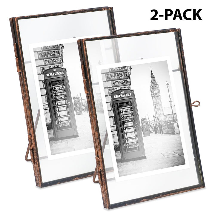 Isaac Jacobs (2-Pack) Vintage Style Brass and Glass, Metal Floating Picture Frame with Locket Closure, for Photos, Art, &amp; More, Tabletop Display