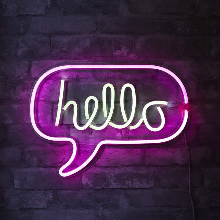 Isaac Jacobs 17” x 12” inch LED Neon ‘White &amp; Pink “hello” Word Bubble’ Wall Sign for Cool Light, Wall Art, Bedroom Decorations, Home Accessories, Party, and Holiday Décor: Powered by USB Wire (HELLO)