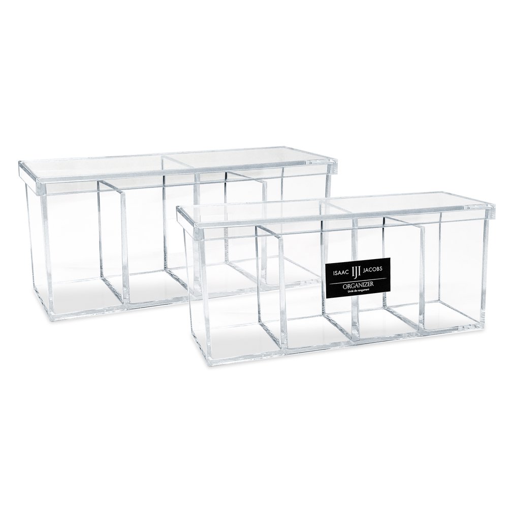 Isaac Jacobs 4-Compartment Clear Acrylic Organizer with Lid (9” L x 3” W x 4” H), Makeup Brush Holder, Sectional Tray, Storage Solution for Makeup, Crafts, Office Supplies &amp; More