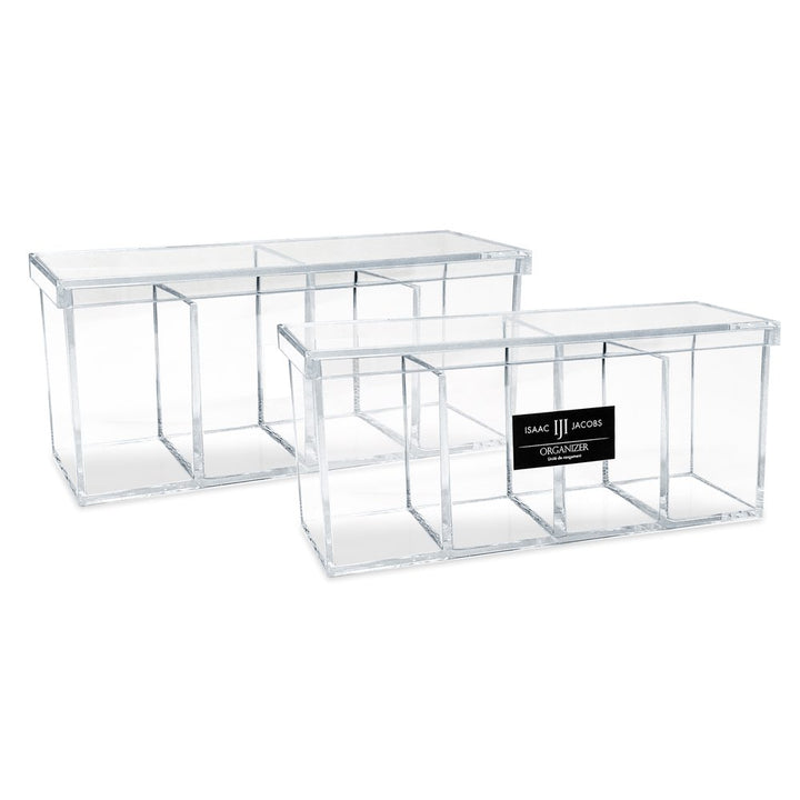 Isaac Jacobs 4-Compartment Clear Acrylic Organizer with Lid (9” L x 3” W x 4” H), Makeup Brush Holder, Sectional Tray, Storage Solution for Makeup, Crafts, Office Supplies &amp; More