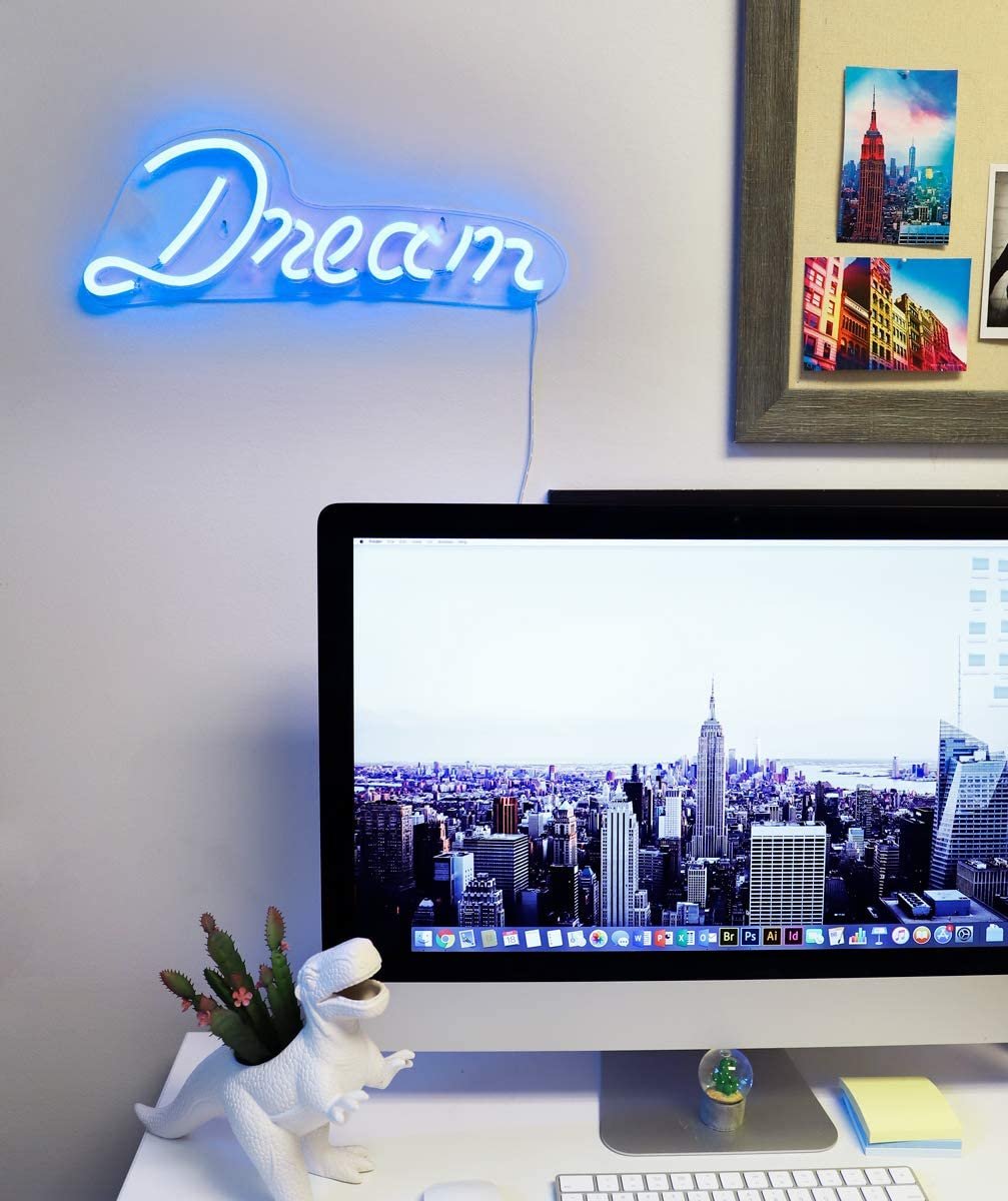 Isaac Jacobs 17" by 6" inch LED Neon Blue “Dream” Wall Sign for Cool Light, Wall Art, Bedroom Decorations, Home Accessories, Party, and Holiday Decor: Powered by USB Wire (Dream)