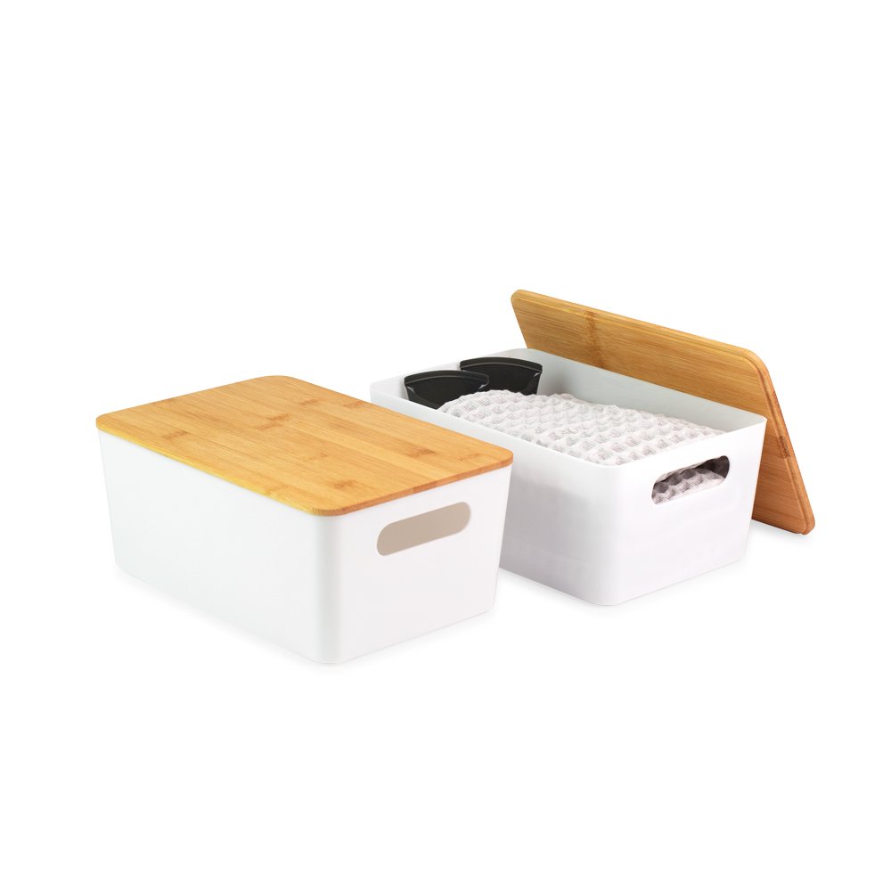 Isaac Jacobs 2-Pack Storage Bin Set w/ Cut-Out Handles and Bamboo Lid, Plastic Organizers for Home, Pantry, Kitchen, Closet, Office, Home Décor, BPA Free, Food Safe