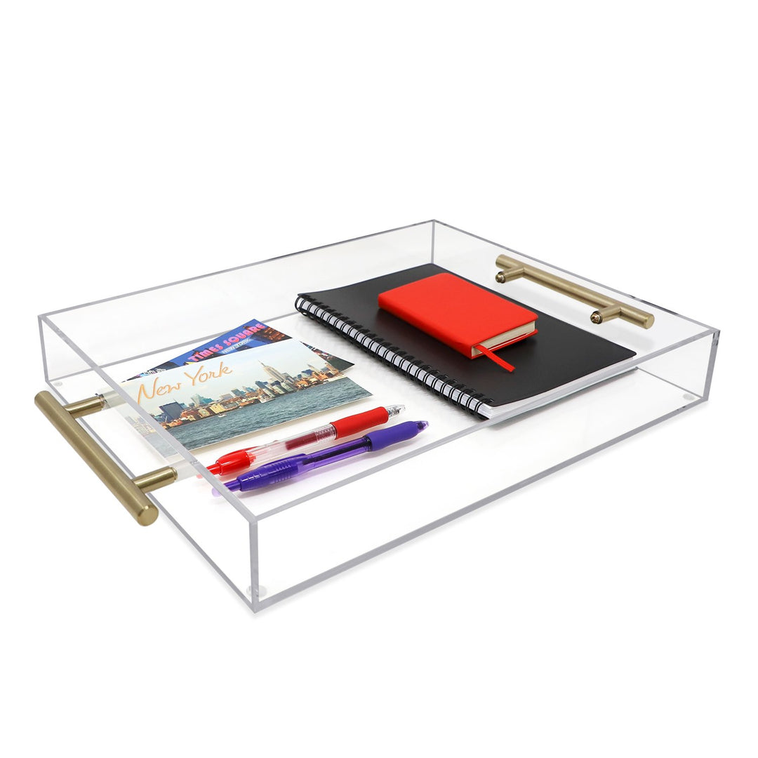 Isaac Jacobs Clear Acrylic Serving Tray with Metal Handles, Spill-Proof, Stackable Organizer, Space-Saver, Food &amp; Drinks Server, Indoors/Outdoors, Lucite Storage Décor &amp; More