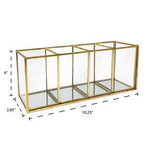 Isaac Jacobs 4-Compartment Organizer- Makeup Brush Holder- Vintage Style Brass and Glass Storage Solution with Mirror Base- Office, Bathroom, Kitchen Supplies and More