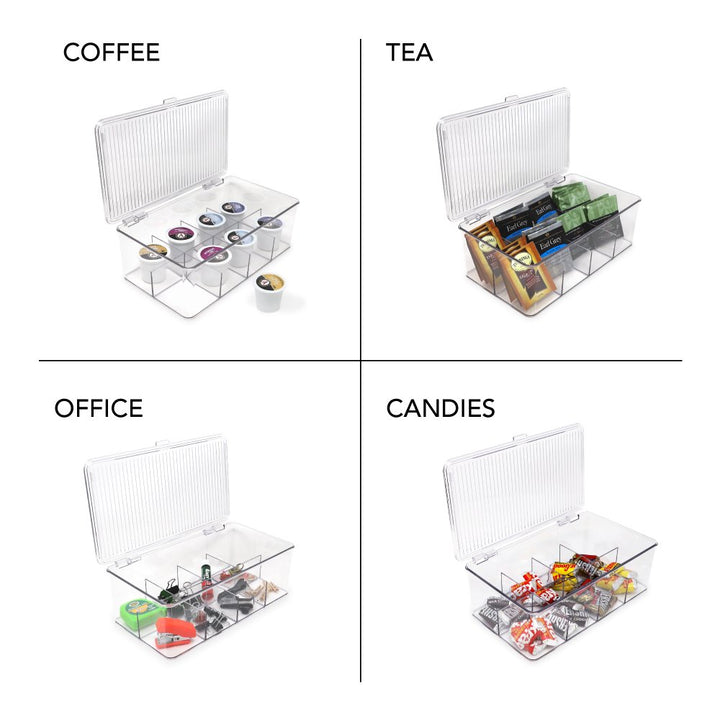 Isaac Jacobs Divided Clear Plastic Organizer (10.75” x 6.5” x 3.7”) w/ Hinged Lid, Stackable Storage Box for Tea Bags, Crafts, Office Supplies, Cosmetics, Jewelry, BPA-Free, Food Safe Pantry Container