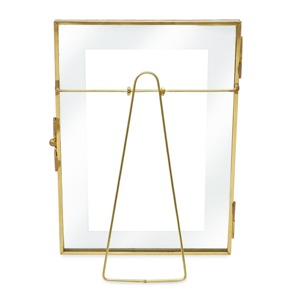 Isaac Jacobs Vintage Style Brass and Glass, Metal Floating Desk Photo Frame with Locket Bead Clasp Closure for Pictures Art, More