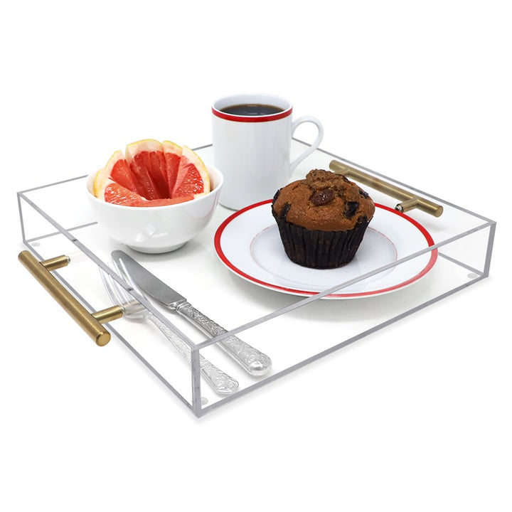Isaac Jacobs Clear Acrylic Serving Tray with Metal Handles, Spill-Proof, Stackable Organizer, Space-Saver, Food &amp; Drinks Server, Indoors/Outdoors, Lucite Storage Décor &amp; More