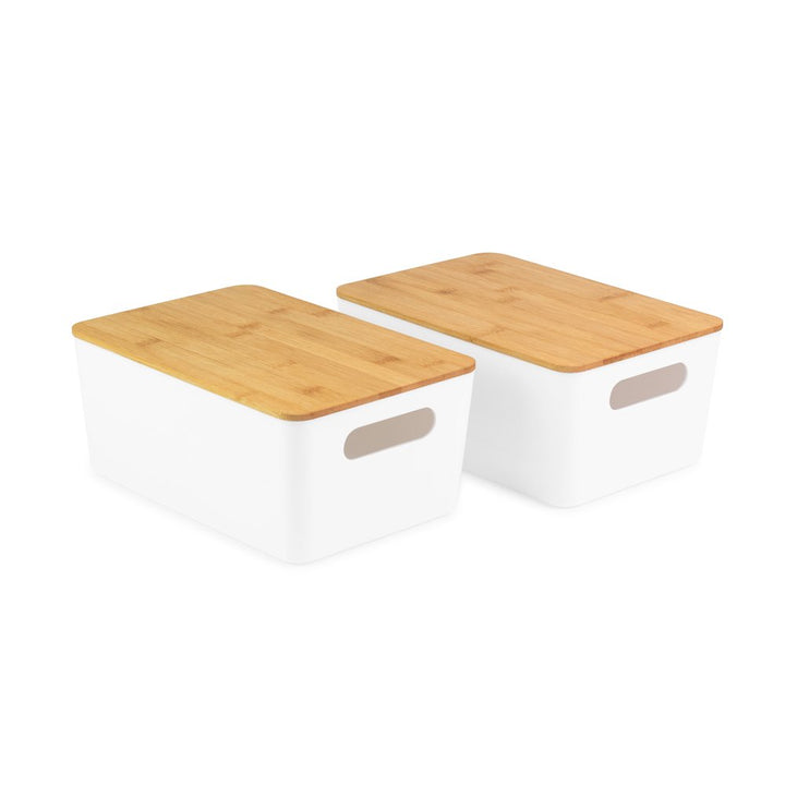 Isaac Jacobs 2-Pack Storage Bin Set w/ Cut-Out Handles and Bamboo Lid, Plastic Organizers for Home, Pantry, Kitchen, Closet, Office, Home Décor, BPA Free, Food Safe