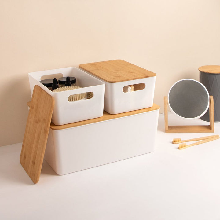 Isaac Jacobs 2-Pack Storage Bin Set w/ Cut-Out Handles and Bamboo Lid, Plastic Organizers for Home, Pantry, Kitchen, Closet, Office, Home Décor, BPA Free, Food Safe