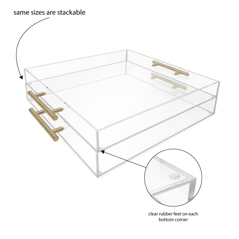 Isaac Jacobs Clear Acrylic Serving Tray with Metal Handles, Spill-Proof, Stackable Organizer, Space-Saver, Food &amp; Drinks Server, Indoors/Outdoors, Lucite Storage Décor &amp; More