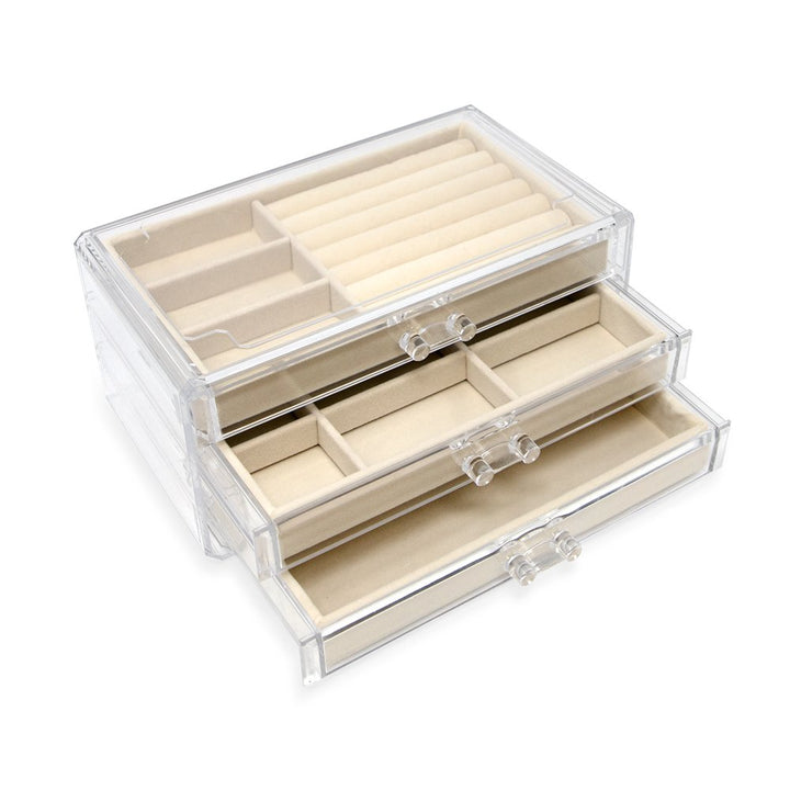 Isaac Jacobs Clear Acrylic 3-Drawer Jewelry Organizer (9.25” x 5.4” x 4.25”) w/ Velvet Lining, Stackable Storage Box For Necklaces, Bracelets, Earrings, Watches &amp; Rings, Tabletop Display Case