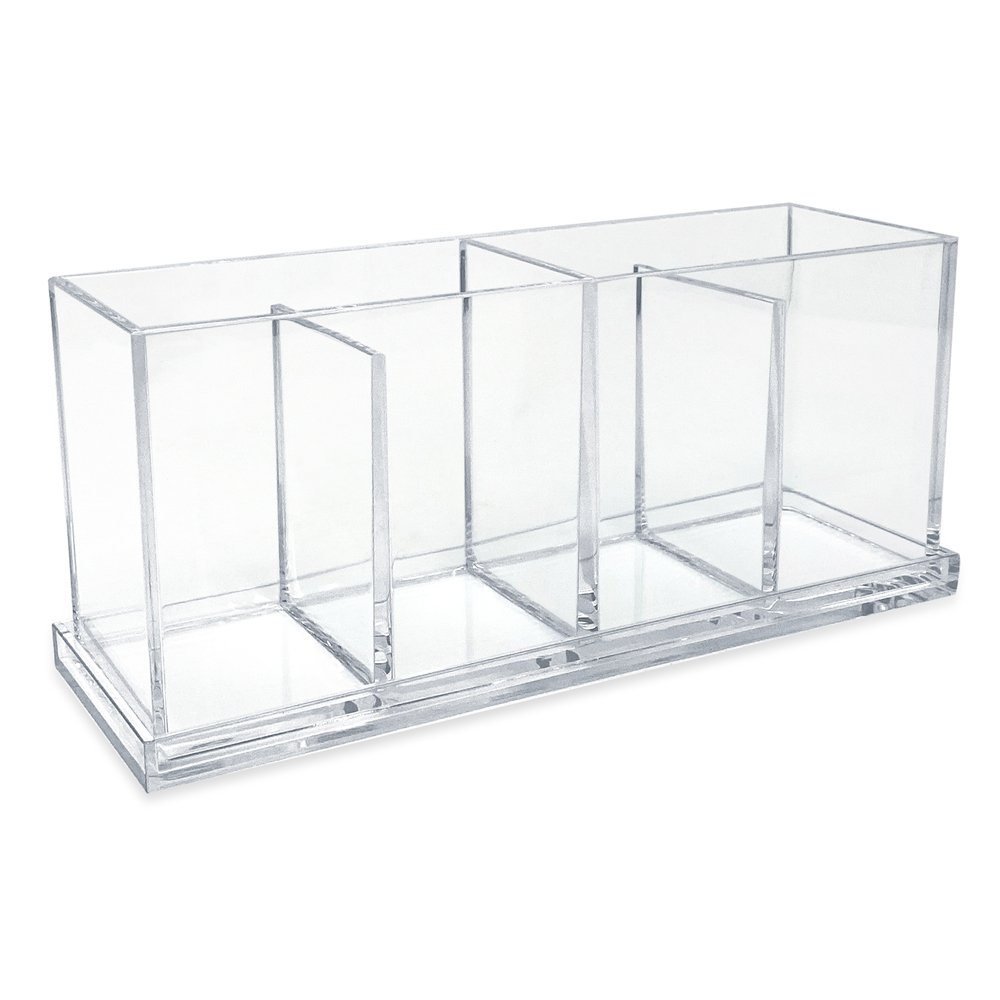 Isaac Jacobs 4-Compartment Clear Acrylic Organizer with Lid (9” L x 3” W x 4” H), Makeup Brush Holder, Sectional Tray, Storage Solution for Makeup, Crafts, Office Supplies &amp; More