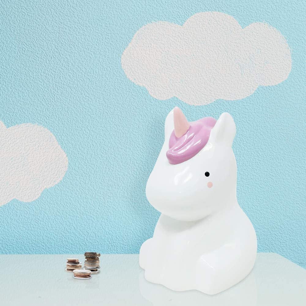 Isaac Jacobs Ceramic Sitting Unicorn Money Bank, Cute Piggy Bank, Fairytale Room Décor, Cartoon Coin Bank, Gift for Kids, Girls, Magical Animal (White)