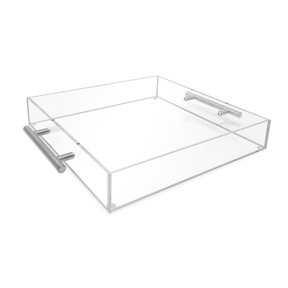 Isaac Jacobs Clear Acrylic Serving Tray with Metal Handles, Spill-Proof, Stackable Organizer, Space-Saver, Food &amp; Drinks Server, Indoors/Outdoors, Lucite Storage Décor &amp; More