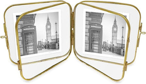 Isaac Jacobs 2x3 Vintage Style, Double-Sided Round-Edged Brass & Glass Metal Floating Picture Frame with Locket Closure (Vertical), Made for Tabletop Display (2x3, Antique Gold)