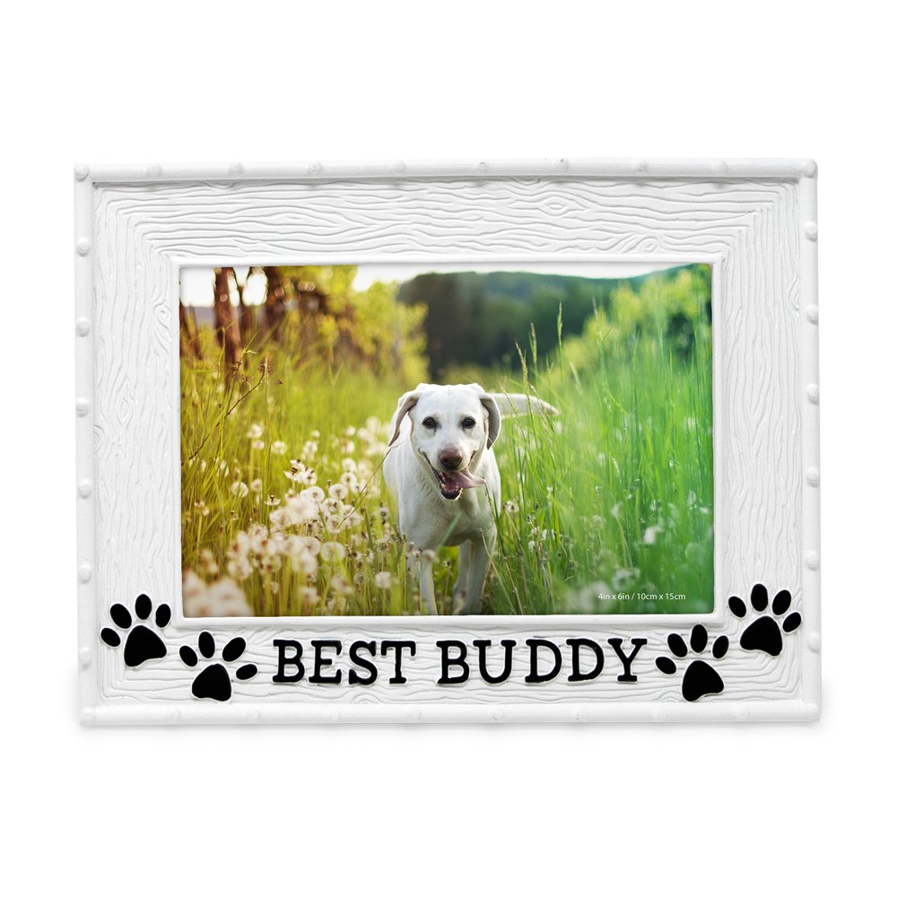 Isaac Jacobs 4" x 6" Resin Sentiments Dog Best Buddy Picture Frame, Horizontal Keepsake Photo Frame with Easel and Hanging Tabs for Tabletop, Desktop &amp; Wall Display