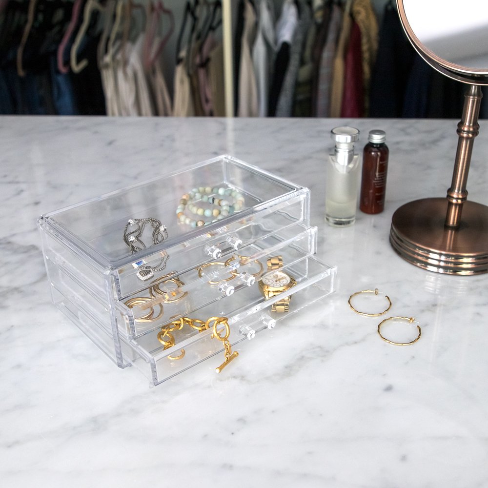 Beautify Acrylic Jewelry & Cosmetic Organizer Box with 3 Storage Trays &  Gray Suede Dividers - Clear - Zen Merchandiser