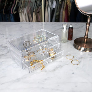 Isaac Jacobs Clear Acrylic 3-Drawer Stackable Jewelry Organizer, Cosmetic & Makeup Case with 3-Drawer Trays, Made for Bedroom, Bathroom, Countertop & Dresser
