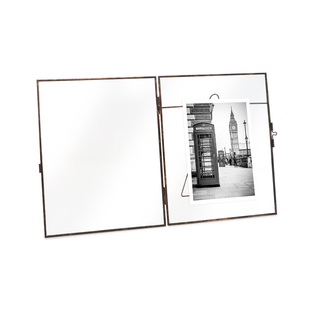 Isaac Jacobs Vintage Style Brass and Glass, Metal Floating Picture Frame with Locket Closure, for Photos, Art, &amp; More, Tabletop Display