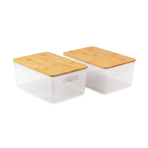 Isaac Jacobs 2-Pack Storage Bin Set w/ Cut-Out Handles and Bamboo Lid, Plastic Organizers for Home, Pantry, Kitchen, Closet, Office, Home Décor, BPA Free, Food Safe