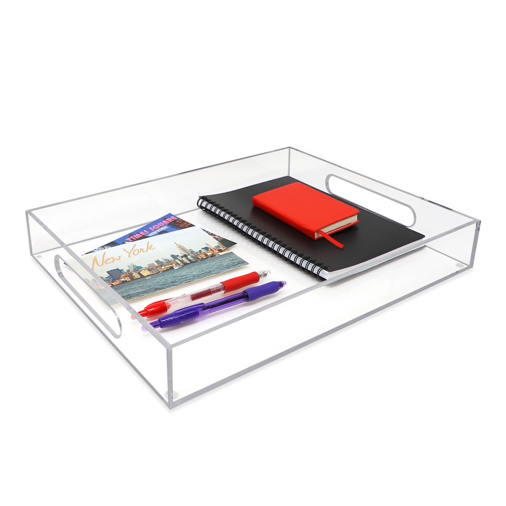 Isaac Jacobs Clear Acrylic Serving Tray with Cutout Handles, Spill-Proof, Stackable Organizer, Space-Saver, Food &amp; Drinks Server, Indoors/Outdoors, Lucite Storage Décor &amp; More