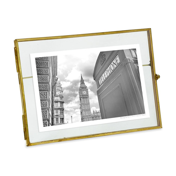 Isaac Jacobs Vintage Style Brass and Glass, Metal Floating Desk Photo Frame with Locket Bead Clasp Closure for Pictures Art, More