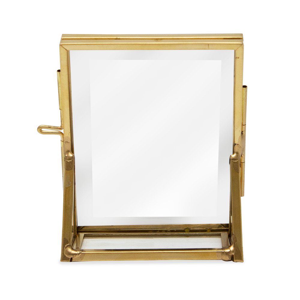Isaac Jacobs Vintage Style Brass and Glass, Floating Photo Frame, Metal, with Locket Closure and Angled Base, for Pictures, Art, Mementos, Keepsakes