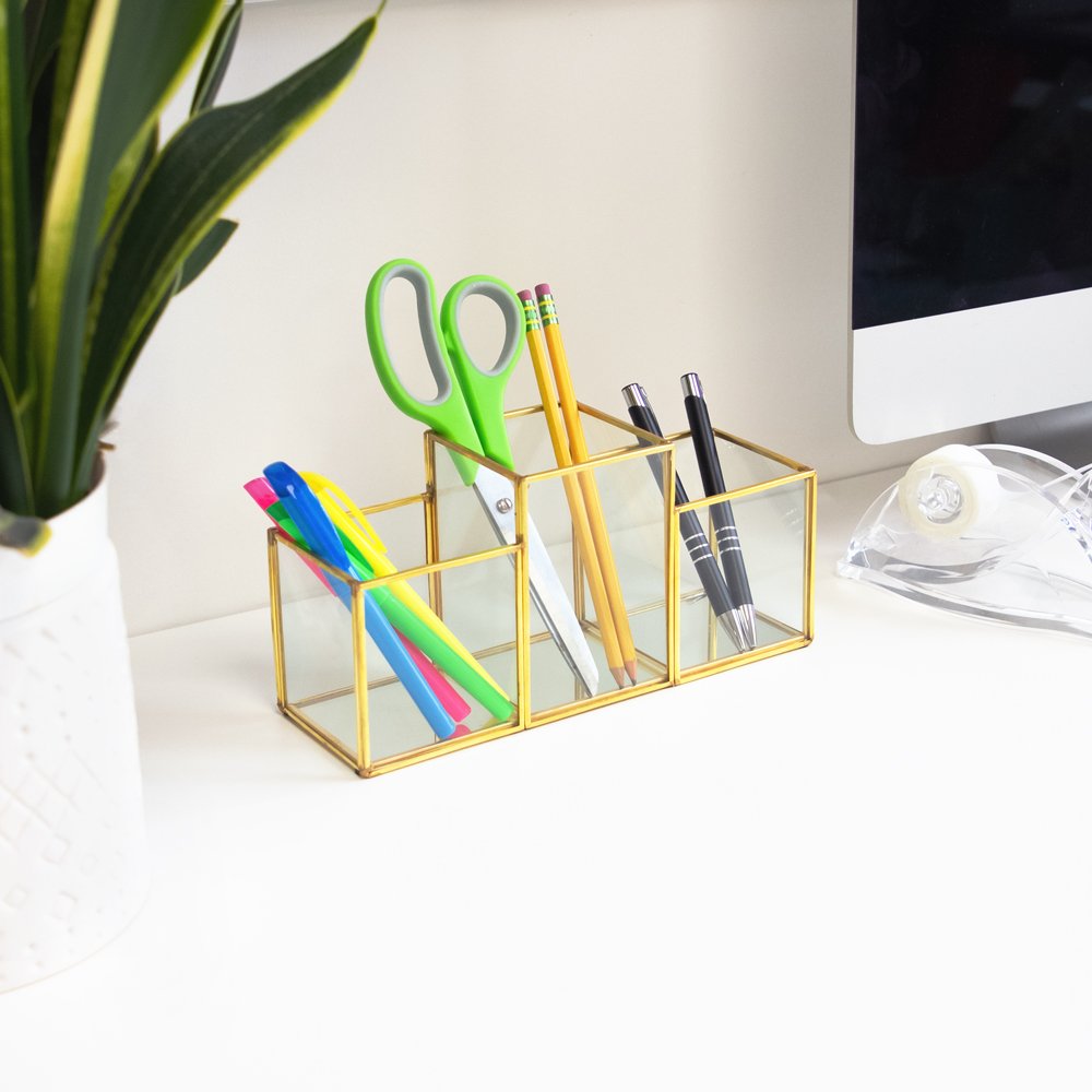 Isaac Jacobs 3-Compartment Makeup Brush Holder, Vintage Style Brass and Glass Organizer, (9.3” L x 3.1" W x 4.5" H) Storage Solution with Mirror Base &amp; Taller Center Slot, for Makeup, Crafts, More