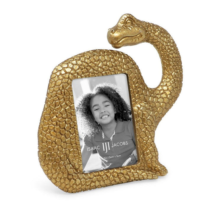 Isaac Jacobs 2” x 3" Resin Dinosaur Picture Frame, Vertical Keepsake Photo Frame with Easel and Hanging Tabs for Tabletop, Desktop &amp; Wall Display